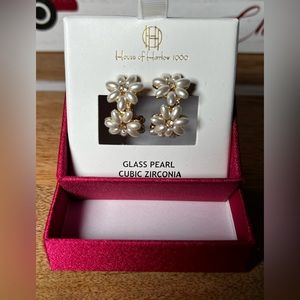 House of Harlow 1960 Glass Pearl and Zirconia 1 inch Huggie Hoops Earrings